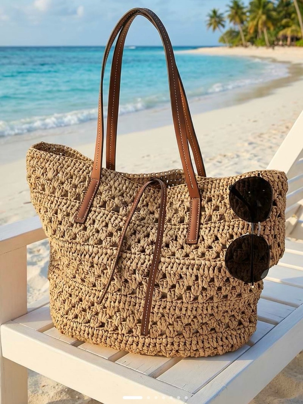 Woven Straw Tote Bag with Brown Leather Handles - Natural